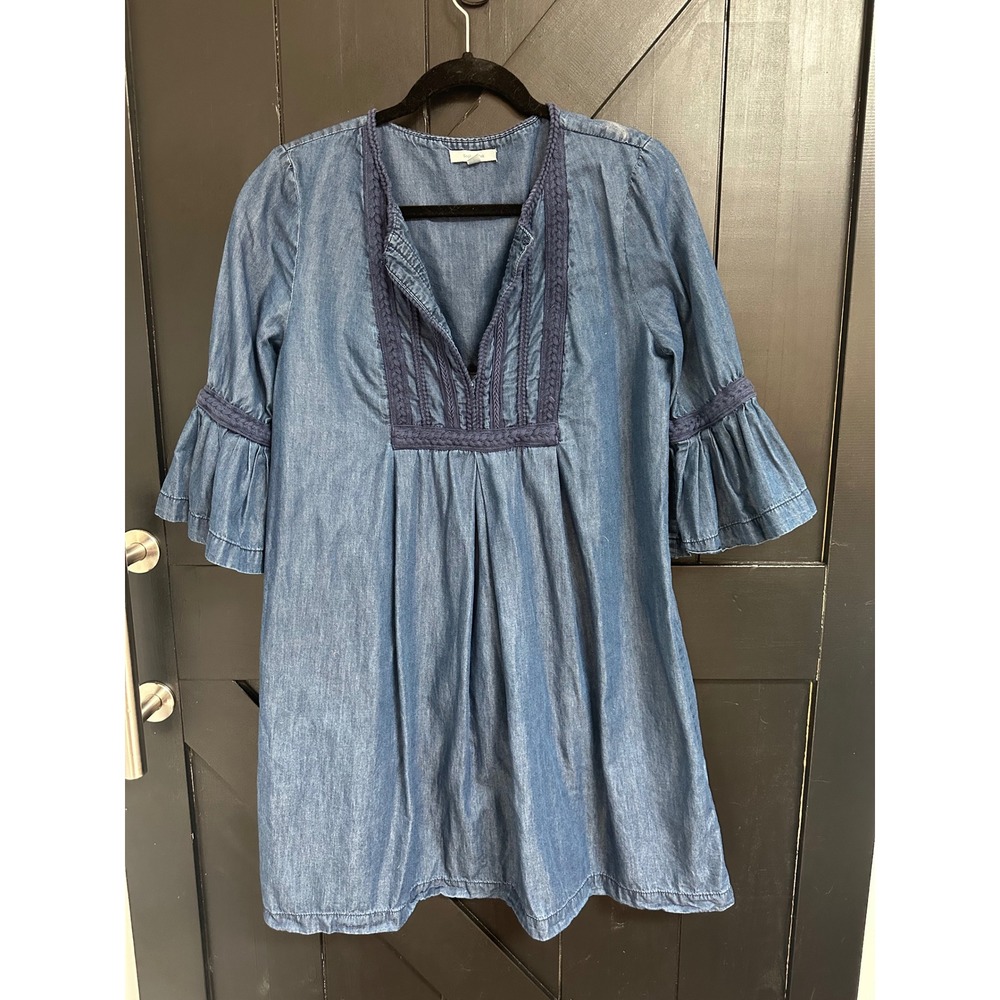 Sophie Max Denim Shift Dress Blue Embroidered Bell Sleeve Size S Boho Casual